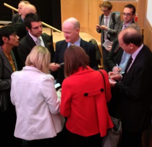 David Willetts MP, Minister of State for Universities and Science, talks to journalists at launch of FutureLearn., September 2013. 