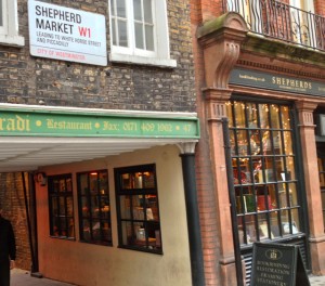 Exit from Sheperd Market onto Curzon St, where Patrick Leigh Fermor hailed a cab to begin his epic journey to Constantimople