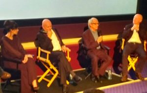 l-r Hayley Squires, Dave Johns, Ken Loach and scriptwriter Paul Laverty at a Q&A after a showing of I, Daniel Blake at Vue, Regent St, London